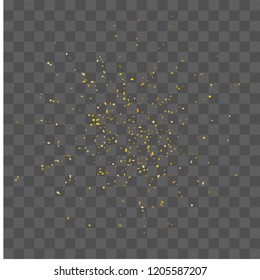 Golden glitter confetti. Illustration of a drop of shiny particles. Decorative element. Luxury background for your design, cards, invitations, gift, vip. 