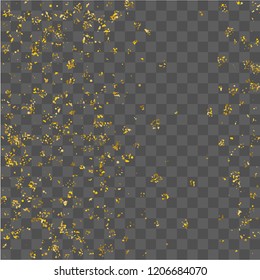 Golden glitter confetti. Illustration of a drop of shiny particles. Decorative element. Luxury background for your design, cards, invitations, gift, vip. 