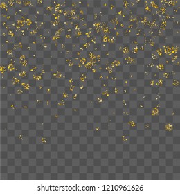 Golden glitter confetti. Illustration of a drop of shiny particles. Decorative element. Luxury background for your design, cards, invitations, gift, vip. 