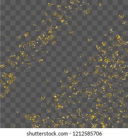Golden glitter confetti. Illustration of a drop of shiny particles. Decorative element. Luxury background for your design, cards, invitations, gift, vip. 