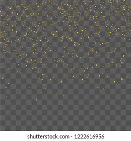 Golden glitter confetti. Illustration of a drop of shiny particles. Decorative element. Luxury background for your design, cards, invitations, gift, vip. 