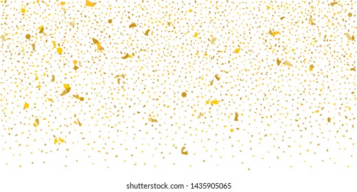 Golden glitter confetti. Light backdrop. White abstract texture. Vector abstract graphic design. New year christmas. Gold glitter background. Vector elegant invitation template. Celebrate background.