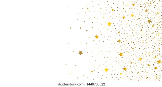 Golden glitter confetti. Light backdrop. White abstract texture. Vector abstract graphic design. New year christmas. Gold glitter background. Vector elegant invitation template. Celebrate background.