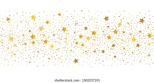 Golden glitter confetti. Light backdrop. White abstract texture. Vector abstract graphic design. New year christmas. Gold glitter background. Vector elegant invitation template. Celebrate background.