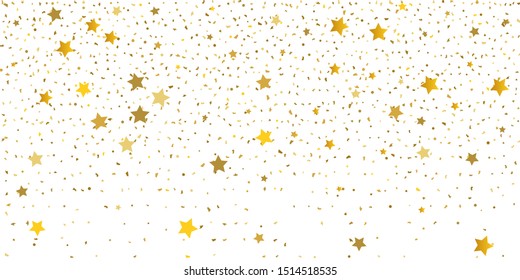Golden glitter confetti. Light backdrop. White abstract texture. Vector abstract graphic design. New year christmas. Gold glitter background. Vector elegant invitation template. Celebrate background.