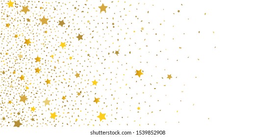 Golden glitter confetti. Light backdrop. White abstract texture. Vector abstract graphic design. New year christmas. Gold glitter background. Vector elegant invitation template. Celebrate background.