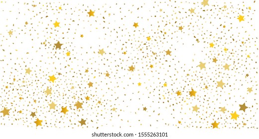 Golden glitter confetti. Light backdrop. White abstract texture. Vector abstract graphic design. New year christmas. Gold glitter background. Vector elegant invitation template. Celebrate background.