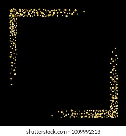 Golden glitter confetti on a black background. Illustration of a drop of shiny particles. Decorative element. Luxury background for your design, cards, invitations, gift, vip. 