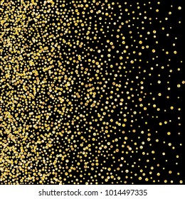 Golden glitter confetti on a black background. Illustration of a drop of shiny particles. Decorative element. Luxury background for your design, cards, invitations, gift, vip. 