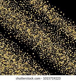 Golden glitter confetti on a black background. Illustration of a drop of shiny particles. Decorative element. Luxury background for your design, cards, invitations, gift, vip. 