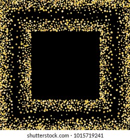 Golden glitter confetti on a black background. Illustration of a drop of shiny particles. Decorative element. Luxury background for your design, cards, invitations, gift, vip. 
