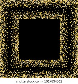 Golden glitter confetti on a black background. Illustration of a drop of shiny particles. Decorative element. Luxury background for your design, cards, invitations, gift, vip. 