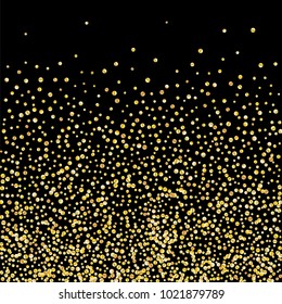 Golden glitter confetti on a black background. Illustration of a drop of shiny particles. Decorative element. Luxury background for your design, cards, invitations, gift, vip. 