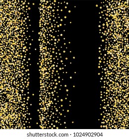 Golden glitter confetti on a black background. Illustration of a drop of shiny particles. Decorative element. Luxury background for your design, cards, invitations, gift, vip. 