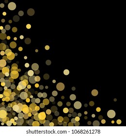 Golden glitter confetti on a black background. Illustration of a drop of shiny particles. Decorative element. Luxury background for your design, cards, invitations, gift, vip. 