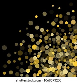 Golden glitter confetti on a black background. Illustration of a drop of shiny particles. Decorative element. Luxury background for your design, cards, invitations, gift, vip. 