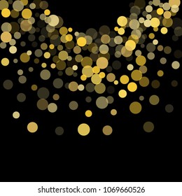 Golden glitter confetti on a black background. Illustration of a drop of shiny particles. Decorative element. Luxury background for your design, cards, invitations, gift, vip. 