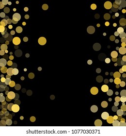 Golden glitter confetti on a black background. Illustration of a drop of shiny particles. Decorative element. Luxury background for your design, cards, invitations, gift, vip. 