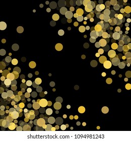 Golden glitter confetti on a black background. Illustration of a drop of shiny particles. Decorative element. Luxury background for your design, cards, invitations, gift, vip. 