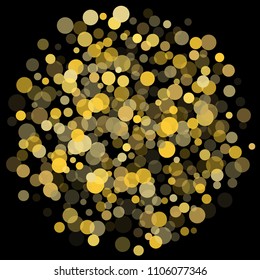 Golden glitter confetti on a black background. Illustration of a drop of shiny particles. Decorative element. Luxury background for your design, cards, invitations, gift, vip. 