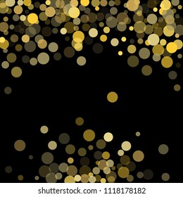 Golden glitter confetti on a black background. Illustration of a drop of shiny particles. Decorative element. Luxury background for your design, cards, invitations, gift, vip. 