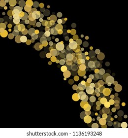 Golden glitter confetti on a black background. Illustration of a drop of shiny particles. Decorative element. Luxury background for your design, cards, invitations, gift, vip. 