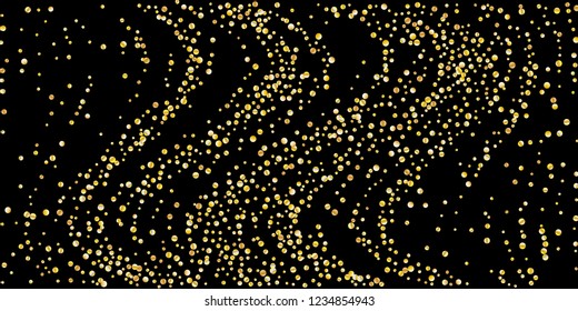Golden glitter confetti on a black background. Illustration of a drop of shiny particles. Decorative element. Luxury background for your design, greeting cards, invitations, gift, vip.