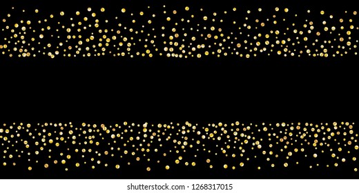 Golden glitter confetti on a black background. Illustration of a drop of shiny particles. Decorative element. Luxury background for your design, greeting cards, invitations, gift, vip.
