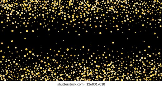 Golden glitter confetti on a black background. Illustration of a drop of shiny particles. Decorative element. Luxury background for your design, greeting cards, invitations, gift, vip.