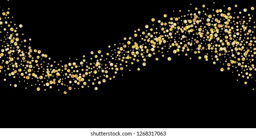 Golden glitter confetti on a black background. Illustration of a drop of shiny particles. Decorative element. Luxury background for your design, greeting cards, invitations, gift, vip.