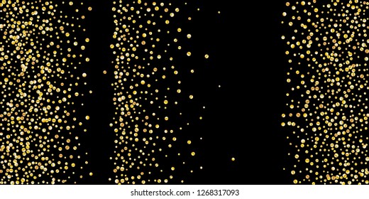 Golden glitter confetti on a black background. Illustration of a drop of shiny particles. Decorative element. Luxury background for your design, greeting cards, invitations, gift, vip.