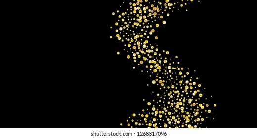 Golden glitter confetti on a black background. Illustration of a drop of shiny particles. Decorative element. Luxury background for your design, greeting cards, invitations, gift, vip.