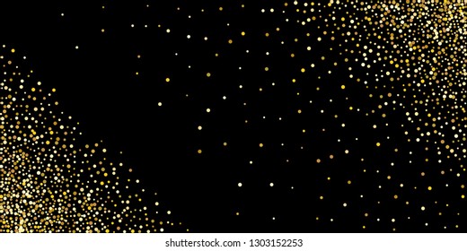 Golden glitter confetti on a black background. Illustration of a drop of shiny particles. Decorative element. VIP cards, invitations, gift, luxury background for your design.