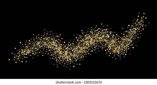 Golden glitter confetti on a black background. Illustration of a drop of shiny particles. Decorative element. VIP cards, invitations, gift, luxury background for your design.