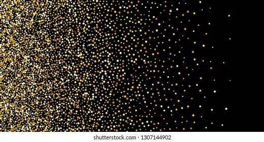 Golden glitter confetti on a black background. Illustration of a drop of shiny particles. Decorative element. VIP cards, invitations, gift, luxury background for your design.