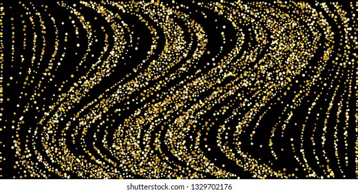 Golden glitter confetti on a black background. Illustration of a drop of shiny particles. Decorative element. VIP cards, invitations, gift, luxury background for your design.