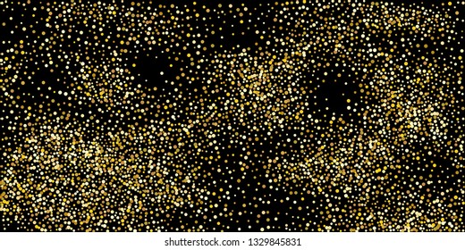 Golden glitter confetti on a black background. Illustration of a drop of shiny particles. Decorative element. VIP cards, invitations, gift, luxury background for your design.