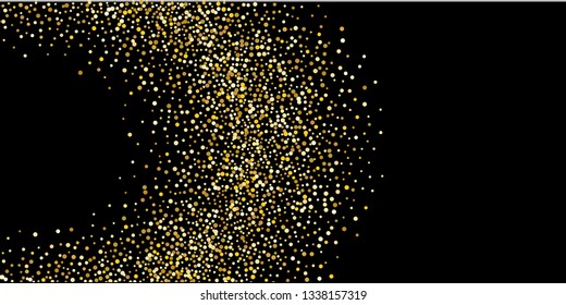 Golden glitter confetti on a black background. Illustration of a drop of shiny particles. Decorative element. VIP cards, invitations, gift, luxury background for your design.