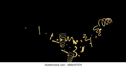 Golden glitter confetti on a black background. Illustration of a drop of shiny particles. Decorative element. Luxury background for your design, cards, invitations, gift, vip. 