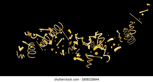 Golden glitter confetti on a black background. Illustration of a drop of shiny particles. Decorative element. Luxury background for your design, cards, invitations, gift, vip. 