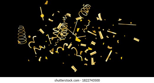Golden glitter confetti on a black background. Illustration of a drop of shiny particles. Decorative element. Luxury background for your design, cards, invitations, gift, vip. 