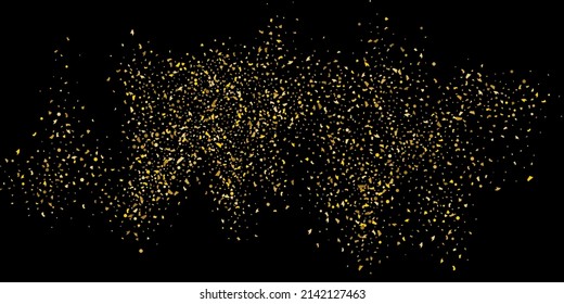Golden glitter confetti on a black background. Illustration of a drop of shiny particles. Decorative element. Luxury background for your design, cards, invitations, gift, vip. 