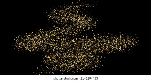 Golden glitter confetti on a black background. Illustration of a drop of shiny particles. Decorative element. Luxury background for your design, cards, invitations, gift, vip. 