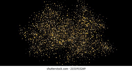 Golden glitter confetti on a black background. Illustration of a drop of shiny particles. Decorative element. Luxury background for your design, cards, invitations, gift, vip. 