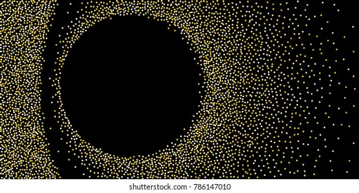 Golden glitter confetti on a black background. Illustration of a drop of shiny particles. Decorative element. Luxury background for your design, cards, invitations, gift, vip.