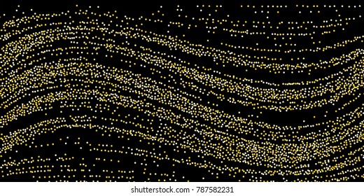 Golden glitter confetti on a black background. Illustration of a drop of shiny particles. Decorative element. Luxury background for your design, cards, invitations, gift, vip.