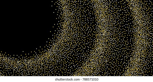 Golden glitter confetti on a black background. Illustration of a drop of shiny particles. Decorative element. Luxury background for your design, cards, invitations, gift, vip.