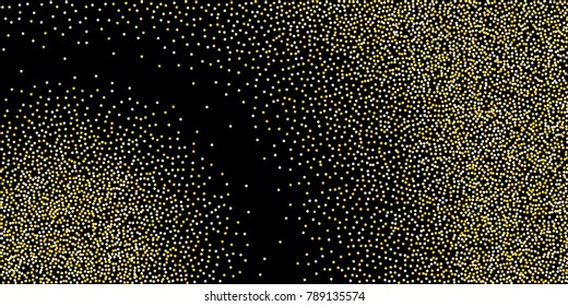 Golden glitter confetti on a black background. Illustration of a drop of shiny particles. Decorative element. Luxury background for your design, cards, invitations, gift, vip.