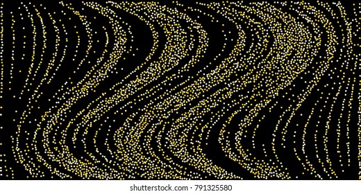 Golden glitter confetti on a black background. Illustration of a drop of shiny particles. Decorative element. Luxury background for your design, cards, invitations, gift, vip.