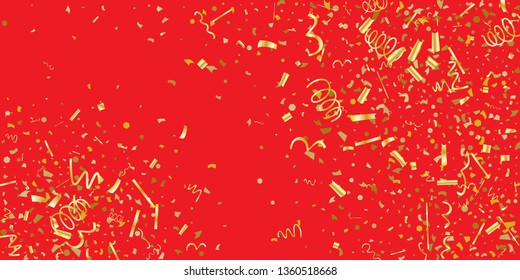 Golden glitter confetti on a red background. Illustration of a drop of shiny particles. Decorative element. Luxury background for your design, cards, invitations, gift, vip.